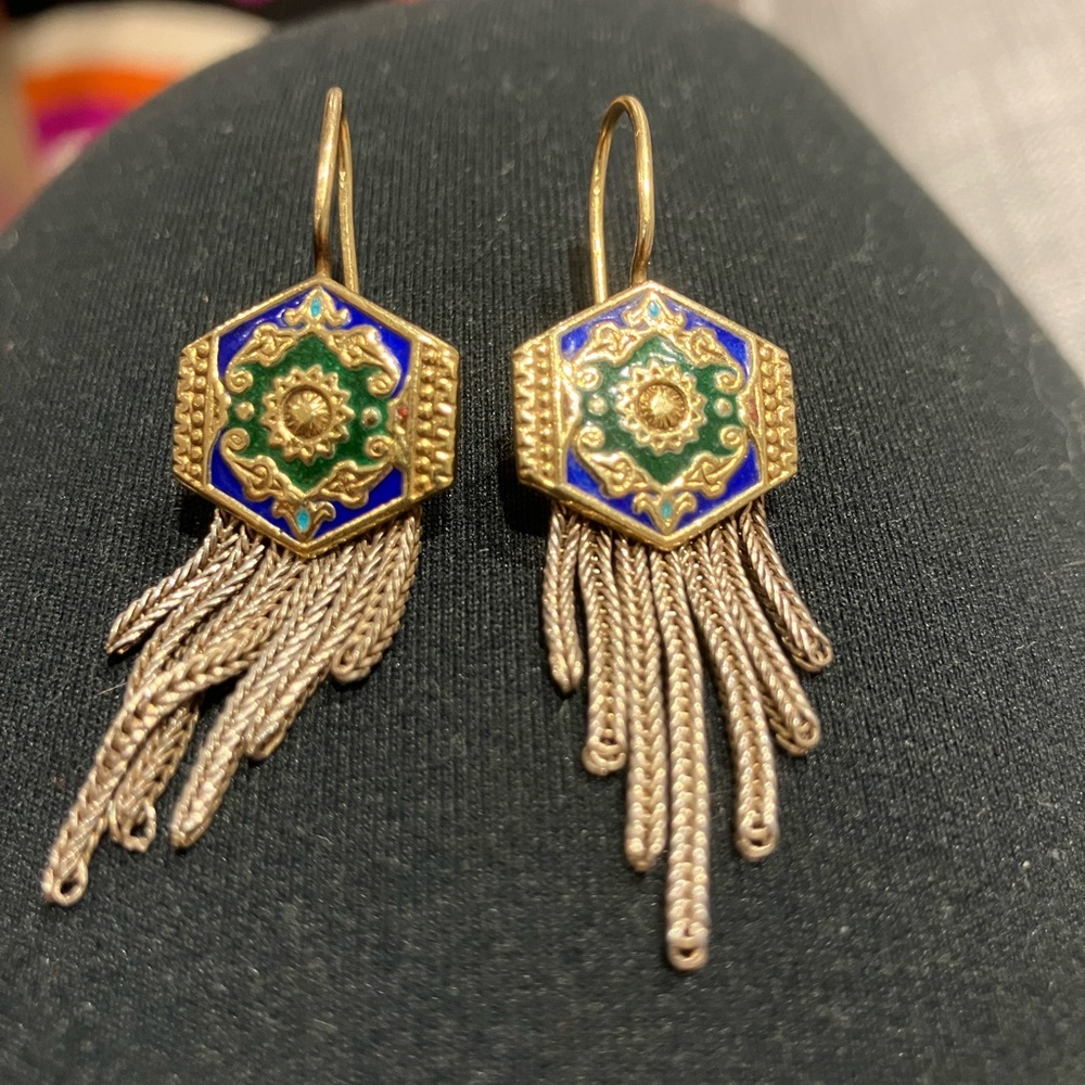 Sterling Silver Gold Toned and Enamel Dangle Earrings